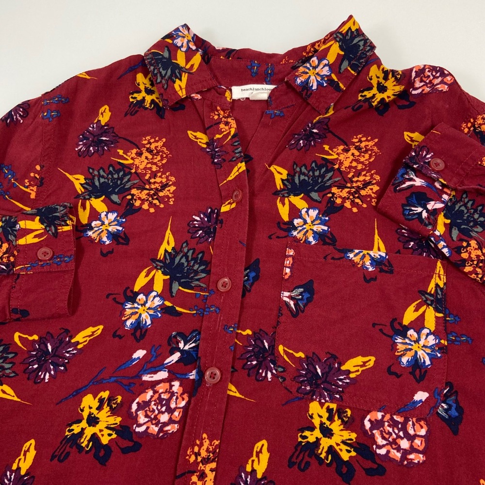 beach lunch lounge Women S Burgundy Floral Button Up Shirt High-Low‎ Boho Flaw